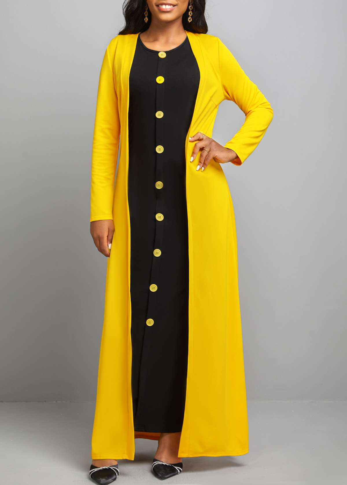 Yellow dresses,Contrast Color dresses,ROTITA Button Dress and Yellow Long Sleeve Cardigan