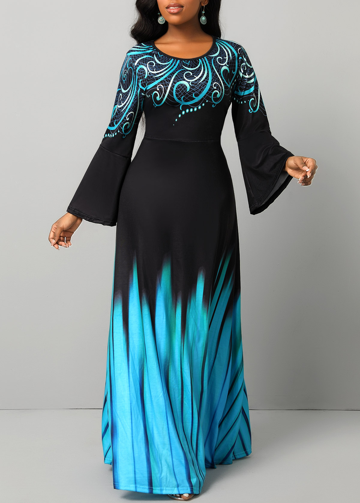 ROTITA Breathable Tribal Print Blue Round Neck Maxi Dress