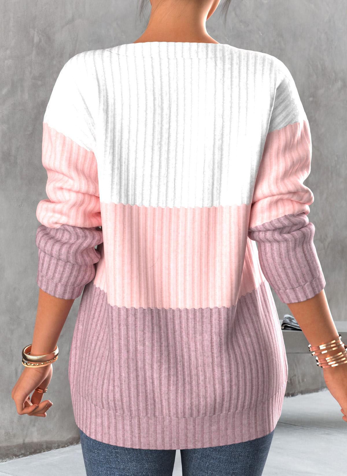 Light Pink plus size,Contrast Color plus size,ROTITA Plus Size Zipper Contrast Light Pink Round Neck Sweatshirt