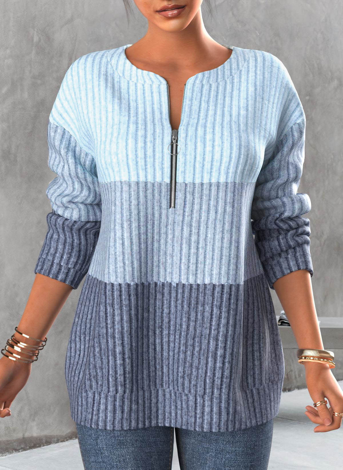 Light Blue plus size,Contrast Color plus size,ROTITA Plus Size Zipper Contrast Light Blue Round Neck Sweatshirt