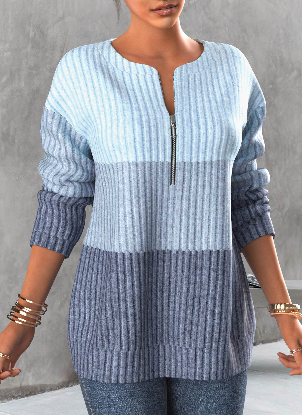 Light Blue plus size,Contrast Color plus size,ROTITA Plus Size Zipper Contrast Light Blue Round Neck Sweatshirt