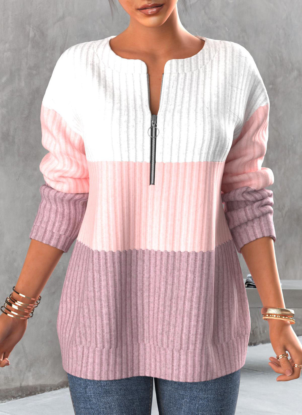 ROTITA Plus Size Zipper Contrast Light Pink Round Neck Sweatshirt