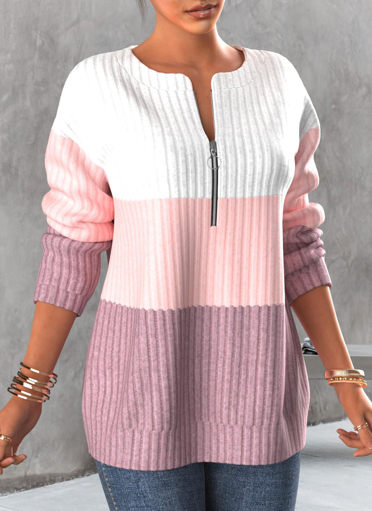Light Pink plus size,Contrast Color plus size,ROTITA Plus Size Zipper Contrast Light Pink Round Neck Sweatshirt