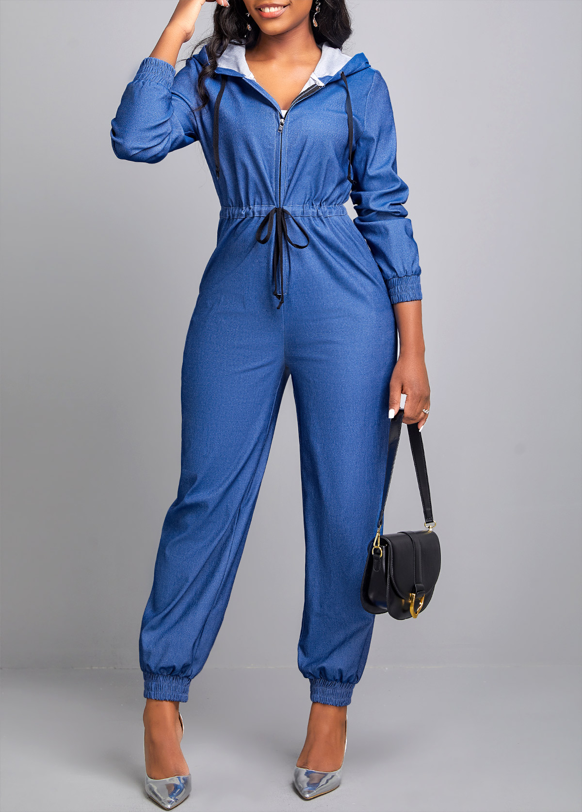 ROTITA Drawstring Long Sleeve Denim Blue Hooded Jumpsuit
