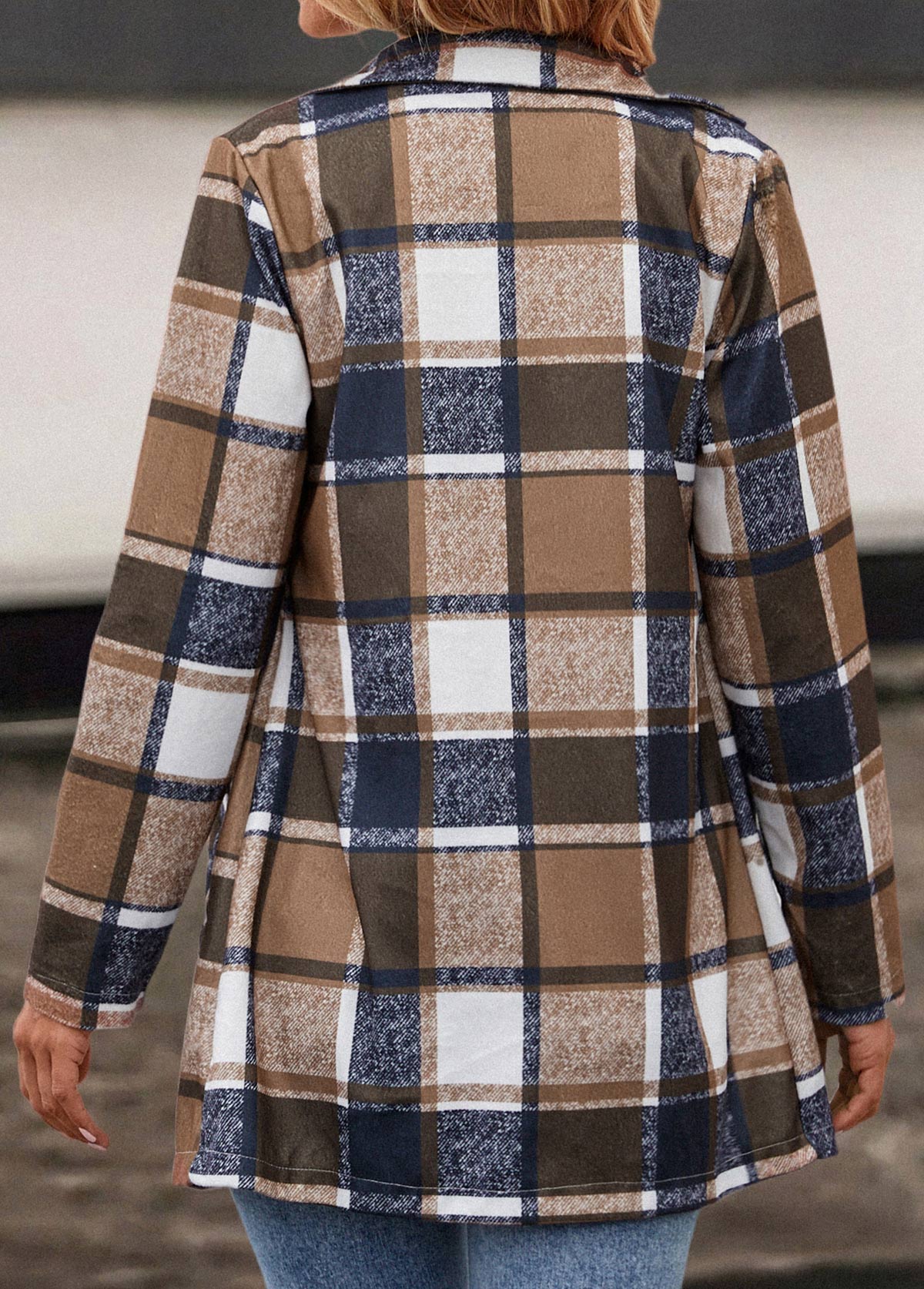 Dark Camel outerwear & coats,Plaid outerwear & coats,Striped outerwear & coats,Geometric outerwear & coats,Pocket Plaid Dark Camel Lapel Long Sleeve Coat