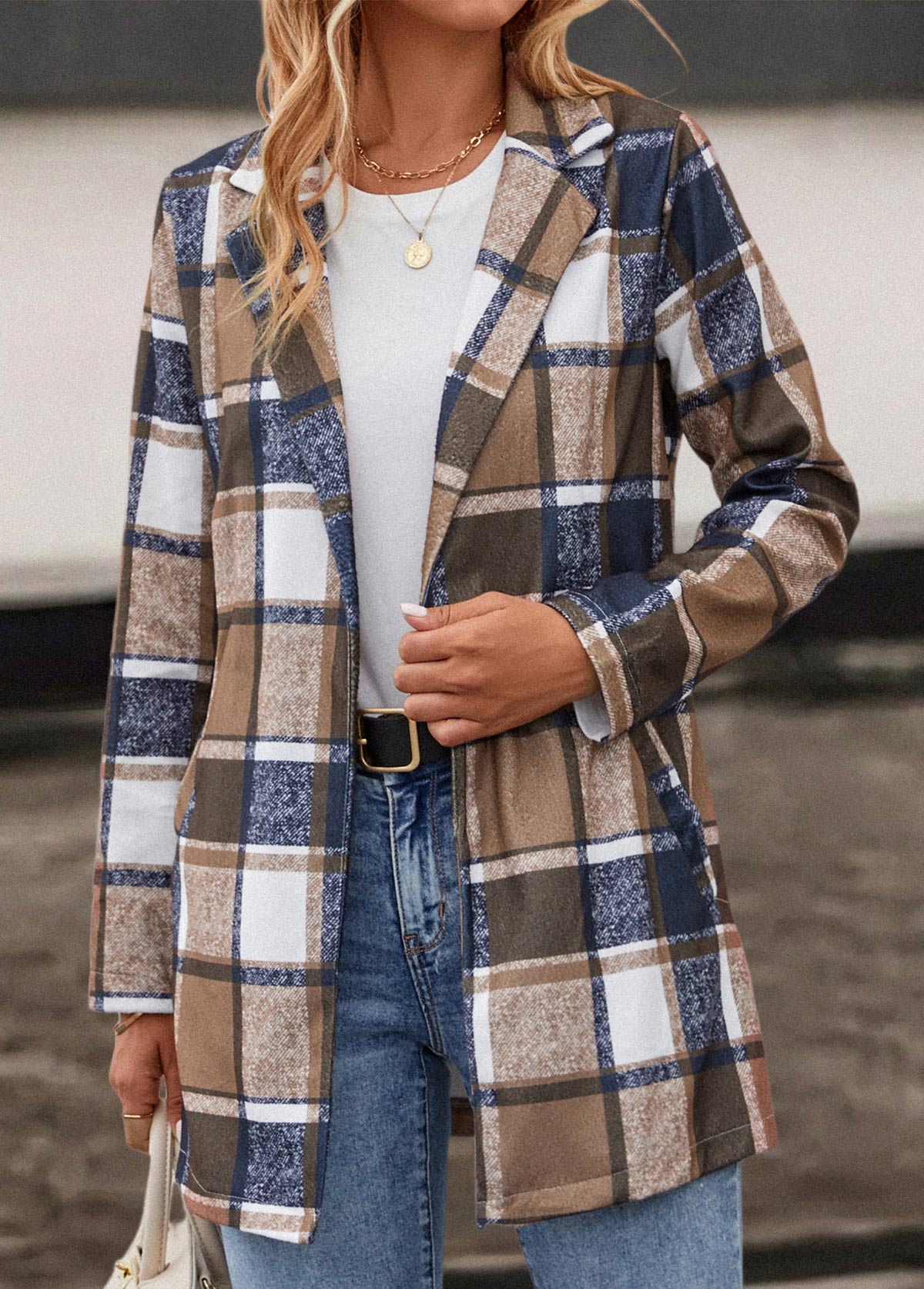 Dark Camel outerwear & coats,Plaid outerwear & coats,Striped outerwear & coats,Geometric outerwear & coats,Pocket Plaid Dark Camel Lapel Long Sleeve Coat