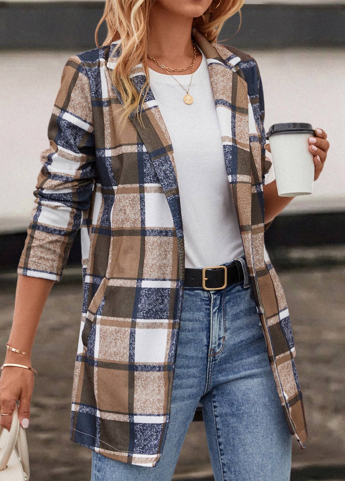 Dark Camel outerwear & coats,Plaid outerwear & coats,Striped outerwear & coats,Geometric outerwear & coats,Pocket Plaid Dark Camel Lapel Long Sleeve Coat