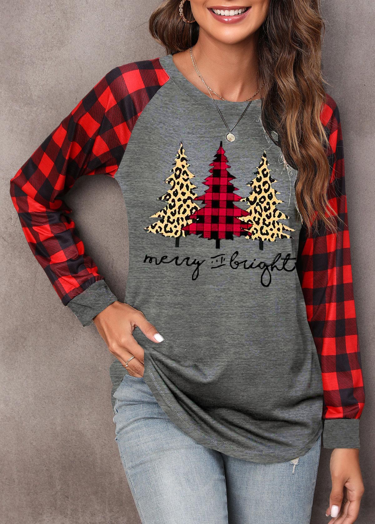 Red tops,Christmas tops,Letter tops,Plaid tops,Long Sleeve Red Christmas Tree Print Sweatshirt