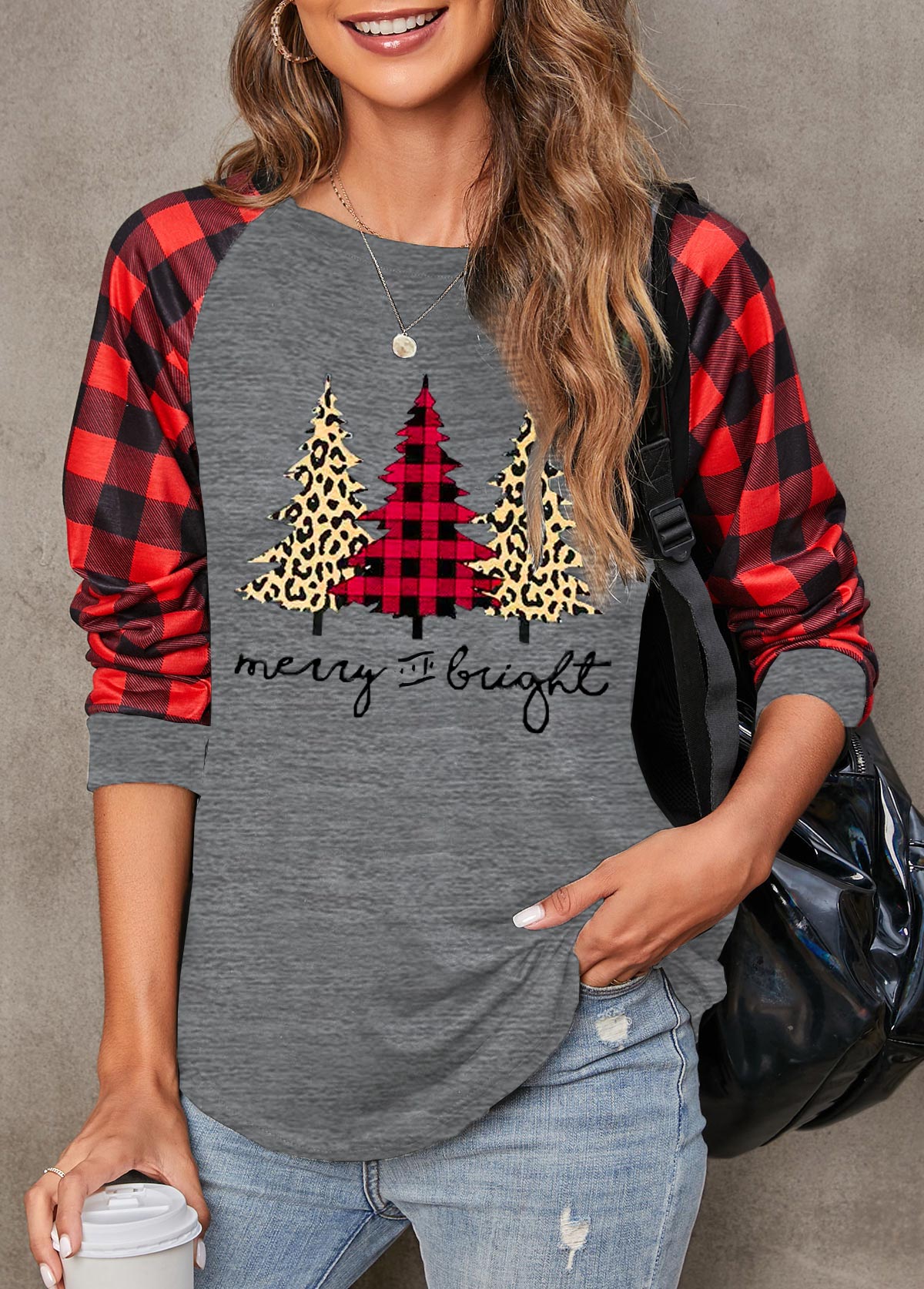 Red tops,Christmas tops,Letter tops,Plaid tops,Long Sleeve Red Christmas Tree Print Sweatshirt