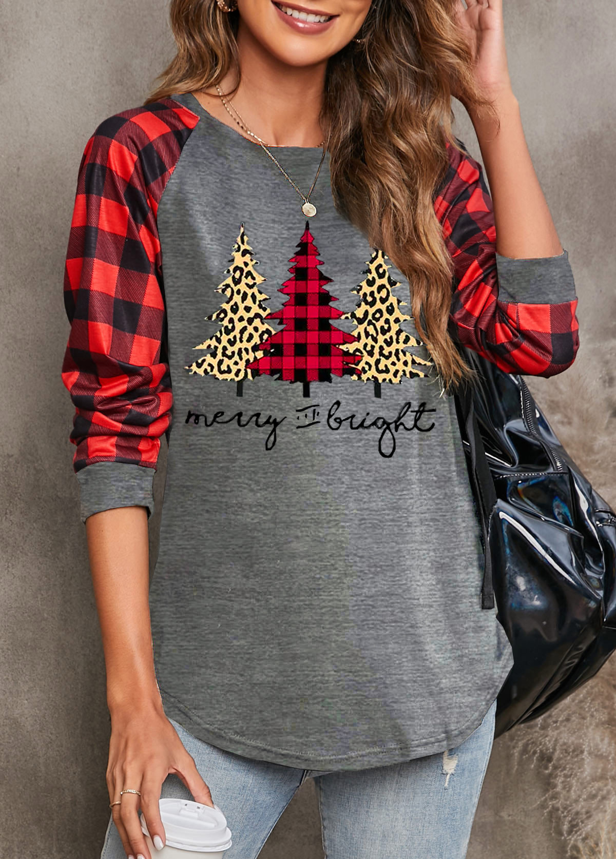 Red tops,Christmas tops,Letter tops,Plaid tops,Long Sleeve Red Christmas Tree Print Sweatshirt