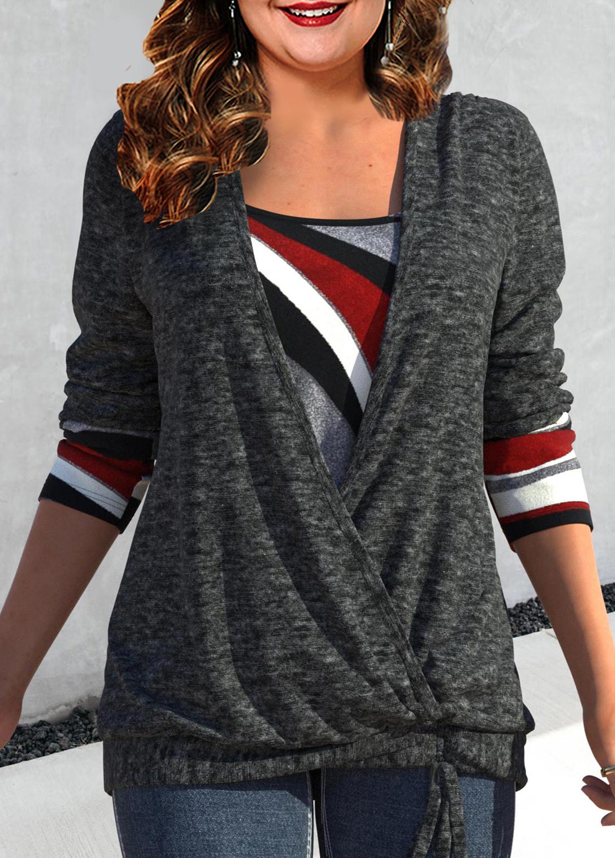 Dark Grey plus size,Geometric plus size,ROTITA Plus Size Drawstring Geometric Print Dark Grey T Shirt