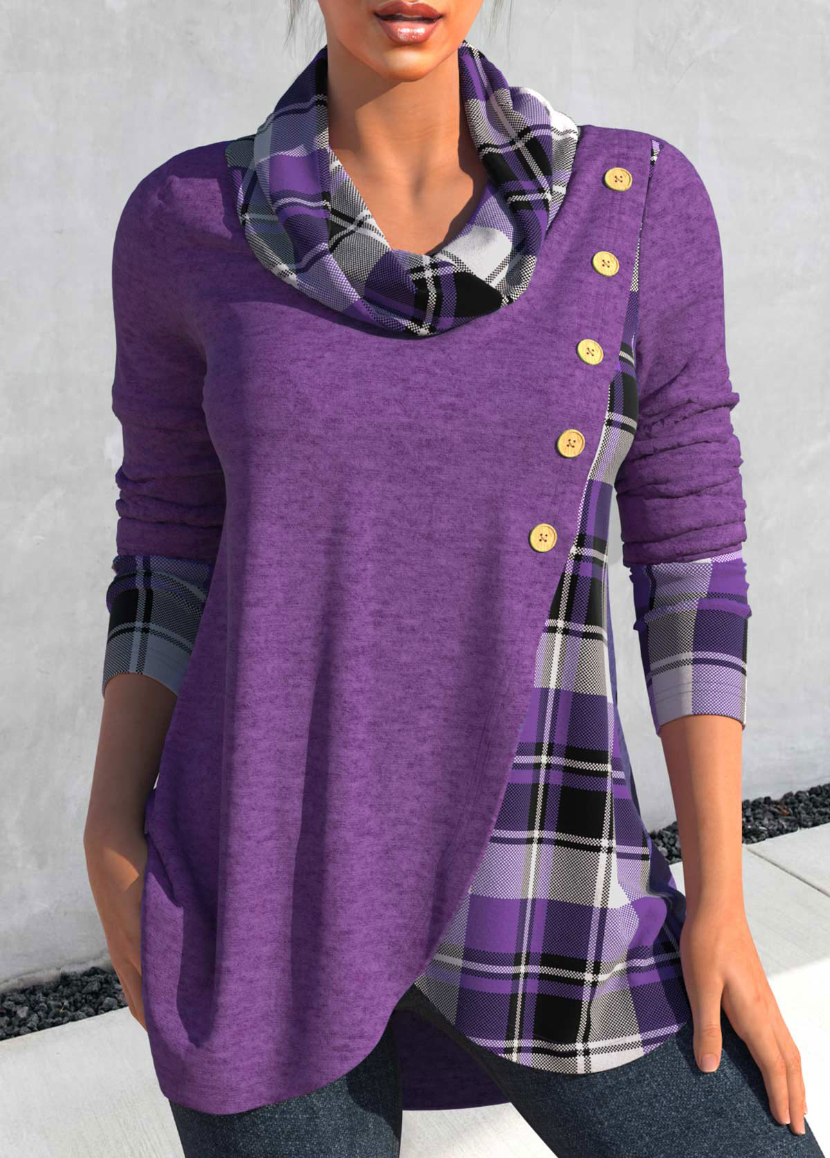ROTITA Cross Hem Tartan Print Dusty Purple Sweatshirt