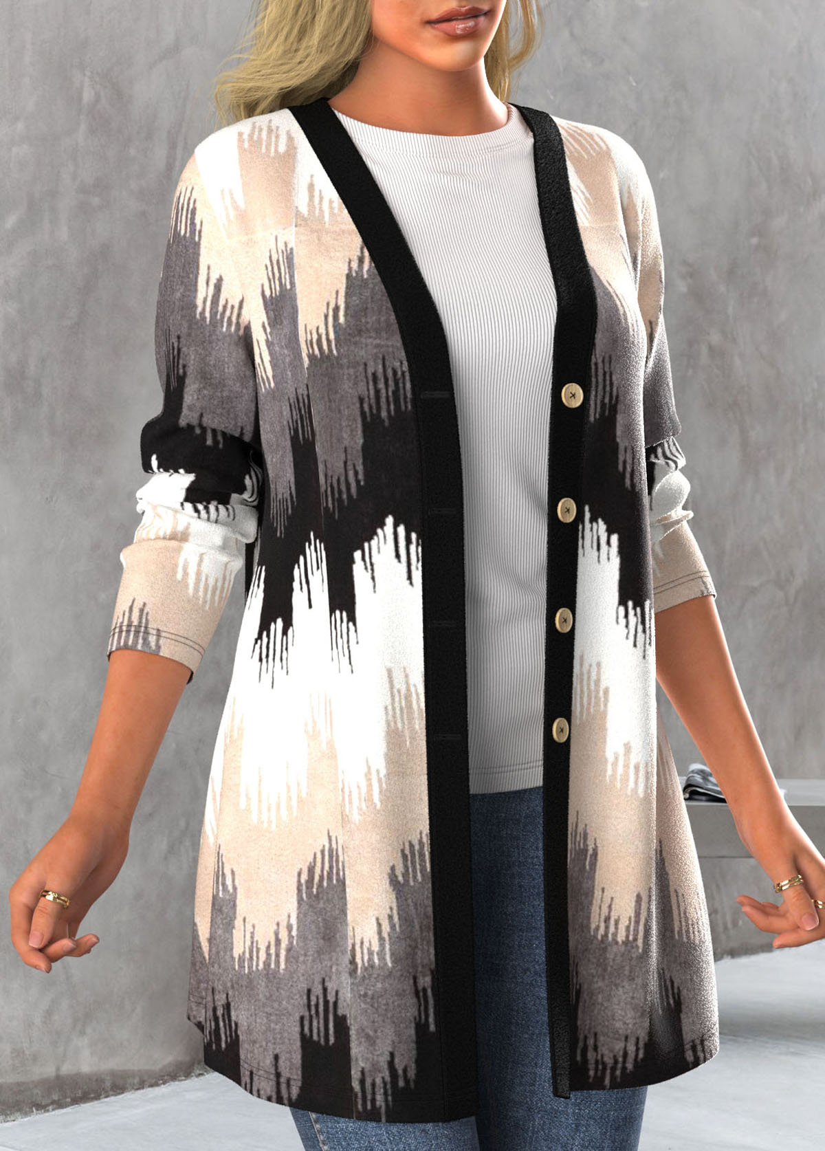 Black outerwear & coats,Geometric outerwear & coats,ROTITA Button Geometric Print Black Long Sleeve Coat