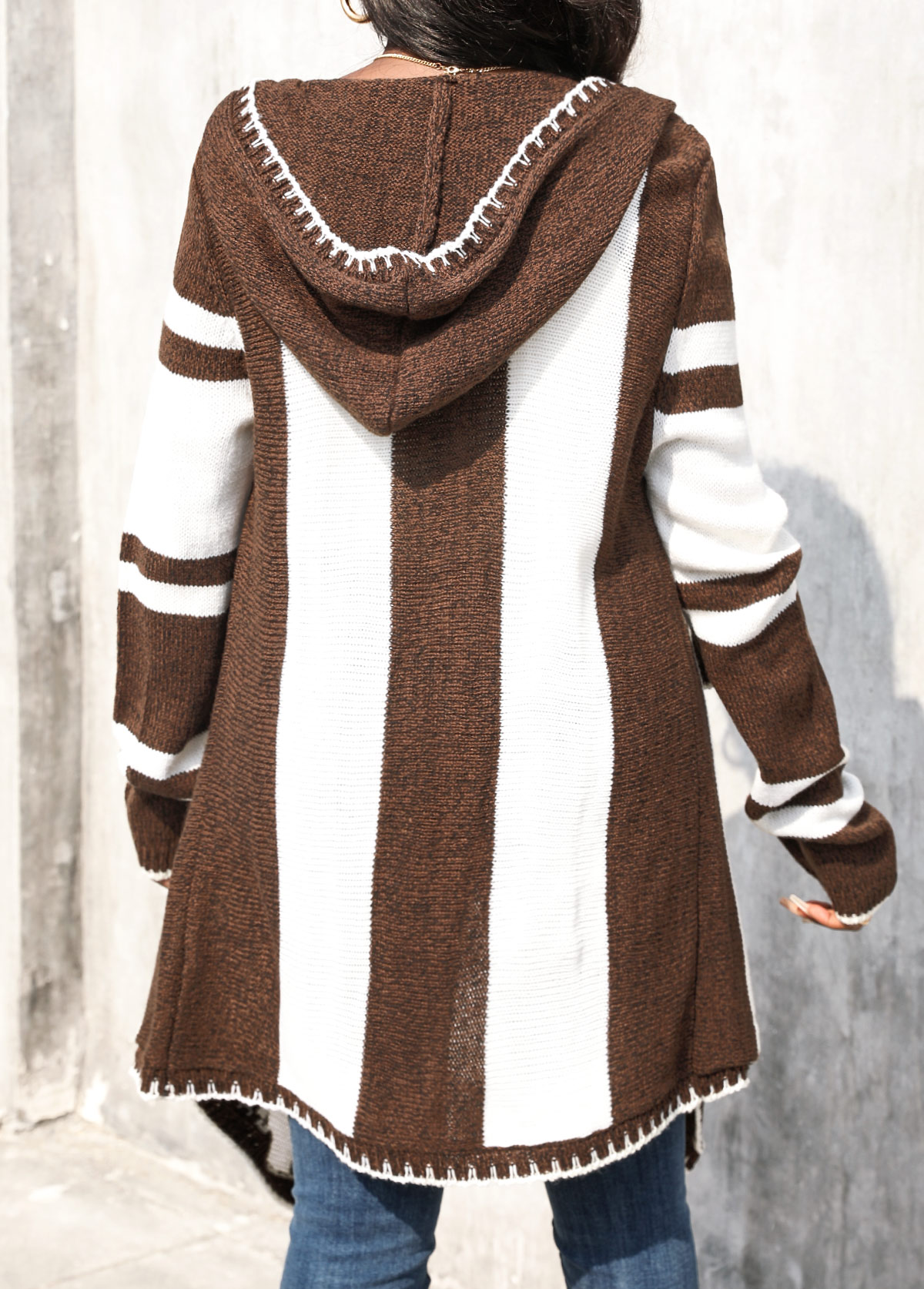 Dark Coffee tops,Geometric tops,Patchwork Geometric Print Dark Coffee Hooded Cardigan