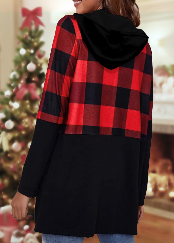Black outerwear & coats,Plaid outerwear & coats,ROTITA Pocket Tartan Print Black Long Sleeve Coat
