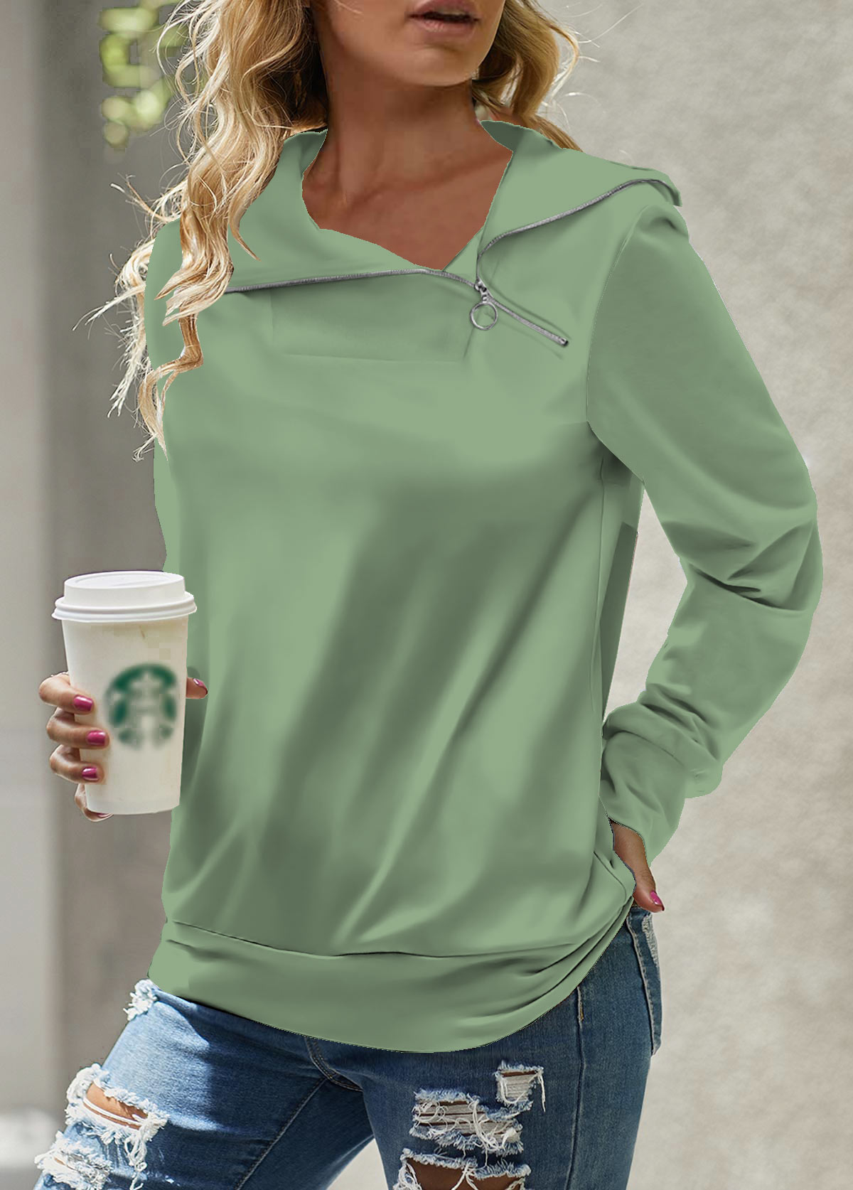 Zipper Green Asymmetrical Neck Long Sleeve Sweatshirt
