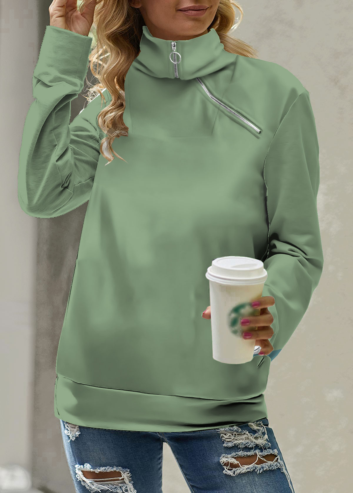 Green tops,Plain Color tops,Zipper Green Asymmetrical Neck Long Sleeve Sweatshirt