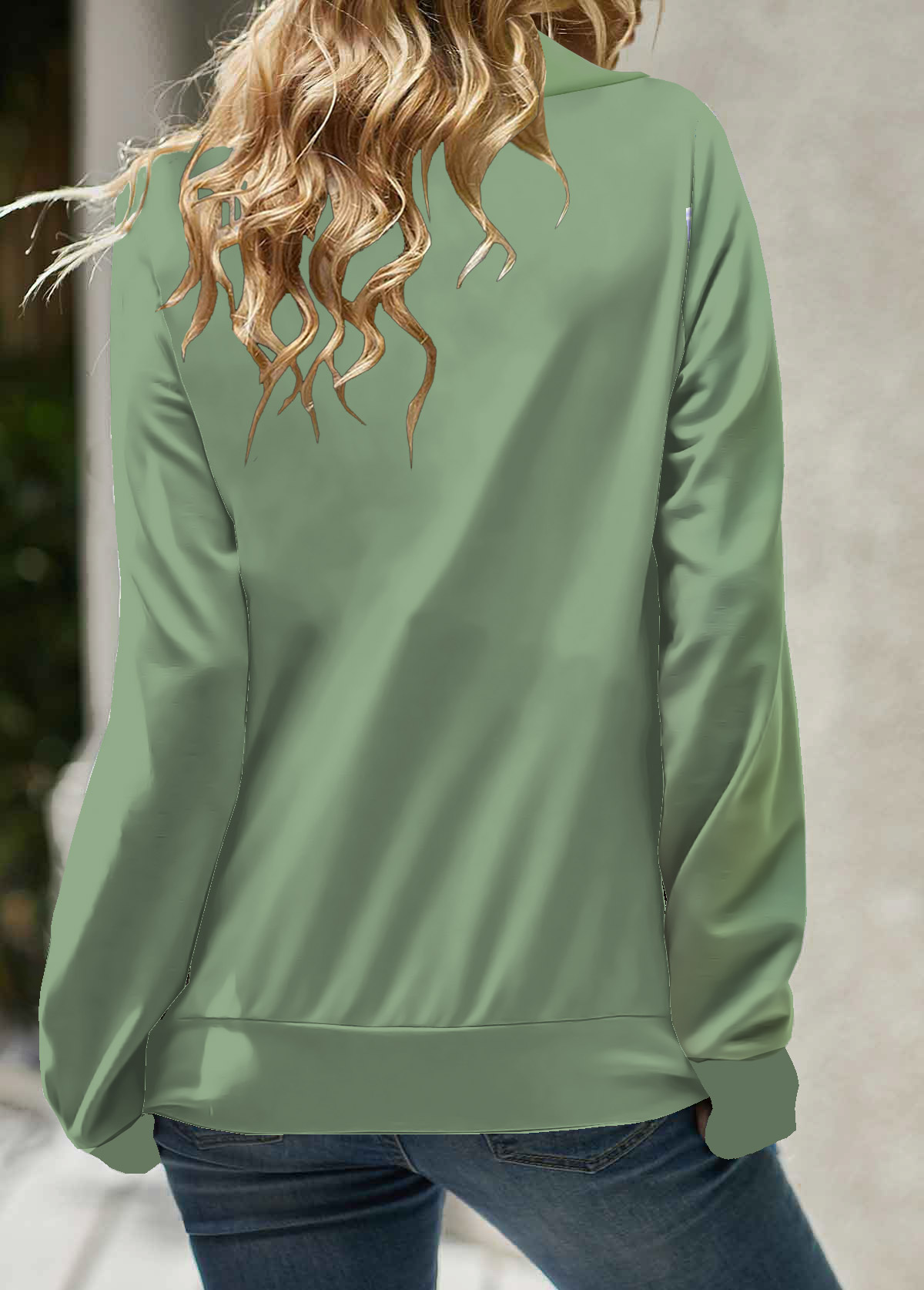 Green tops,Plain Color tops,Zipper Green Asymmetrical Neck Long Sleeve Sweatshirt