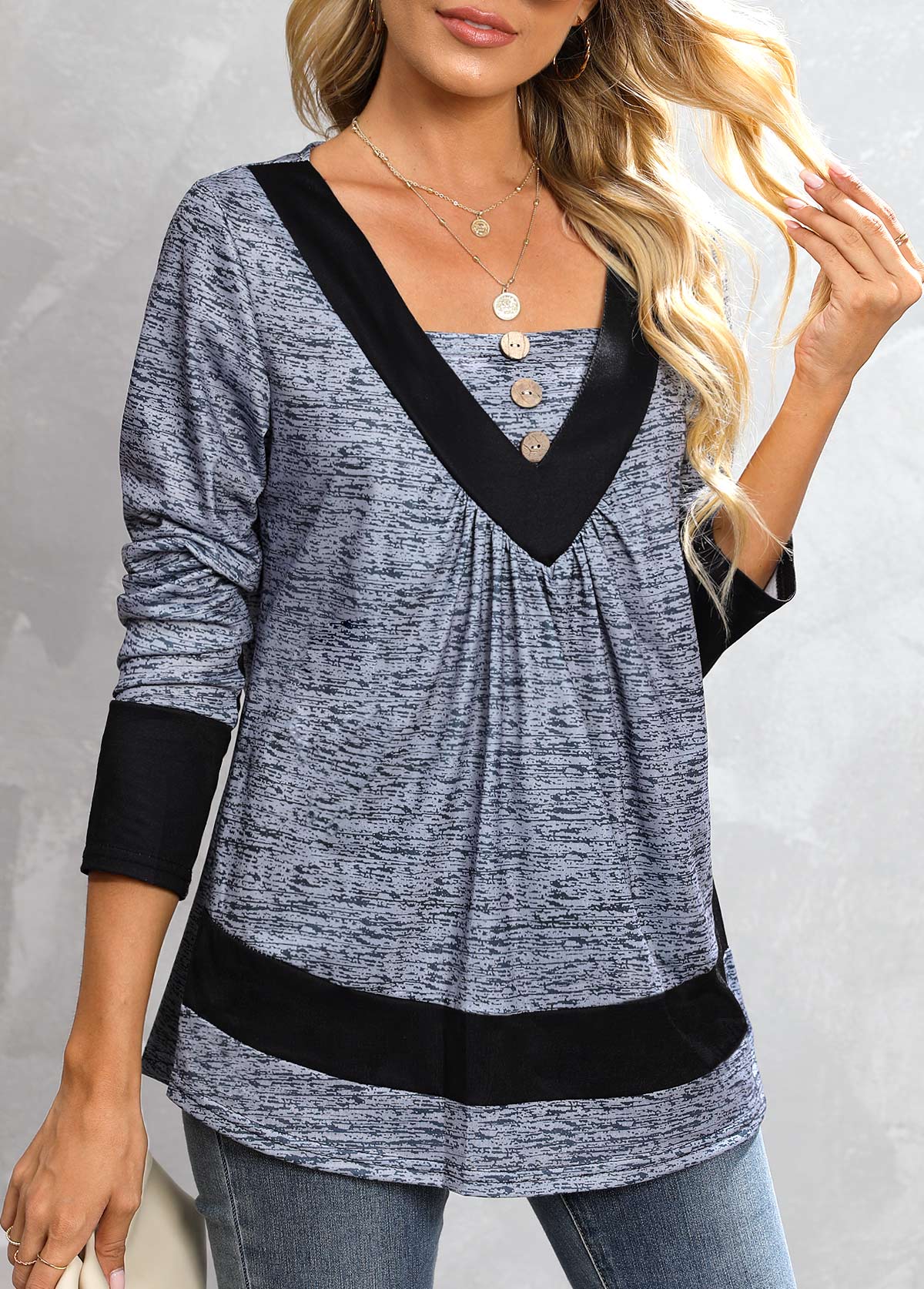 Dark Grey Marl tops,Contrast Color tops,Button Dark Grey Marl Square Neck T Shirt