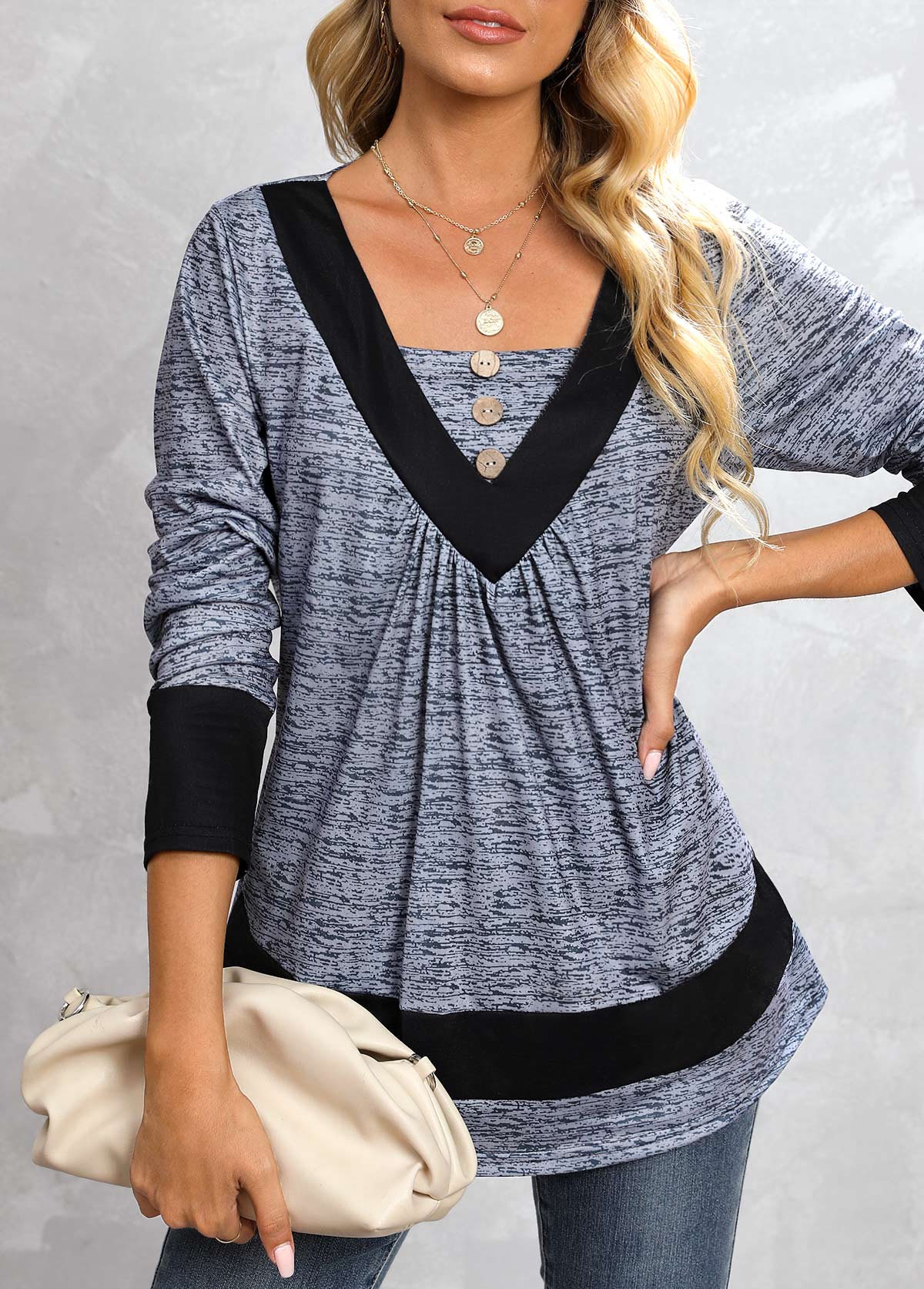 Dark Grey Marl tops,Contrast Color tops,Button Dark Grey Marl Square Neck T Shirt