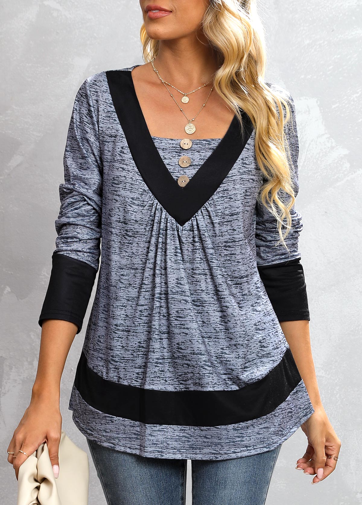 Dark Grey Marl tops,Contrast Color tops,Button Dark Grey Marl Square Neck T Shirt
