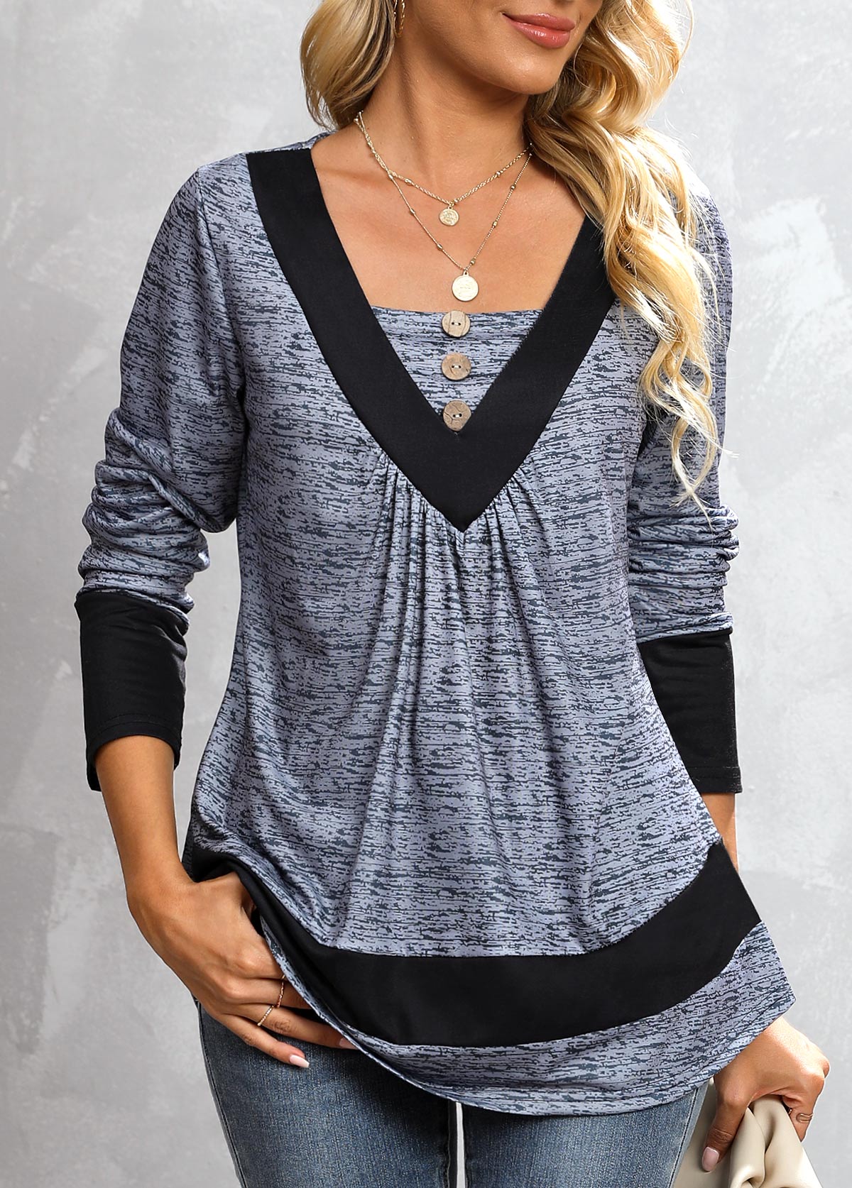 Dark Grey Marl tops,Contrast Color tops,Button Dark Grey Marl Square Neck T Shirt