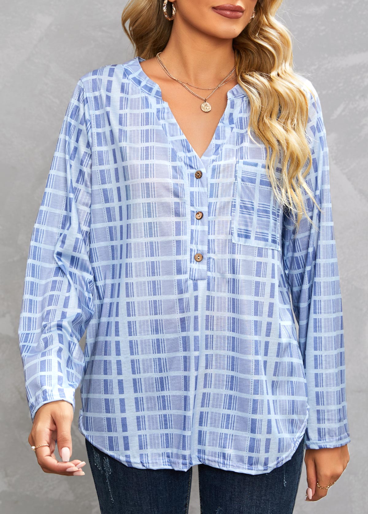 Dusty Blue tops,Plaid tops,Geometric tops,Striped tops,Pocket Plaid Dusty Blue Split Neck Blouse