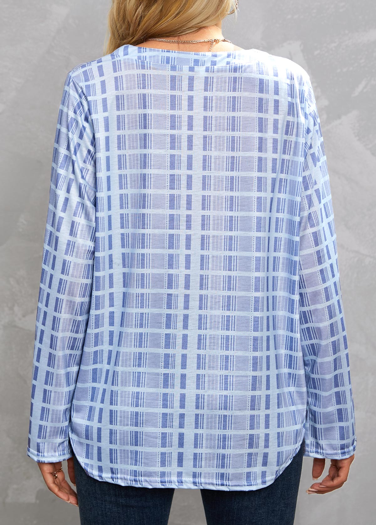 Dusty Blue tops,Plaid tops,Geometric tops,Striped tops,Pocket Plaid Dusty Blue Split Neck Blouse