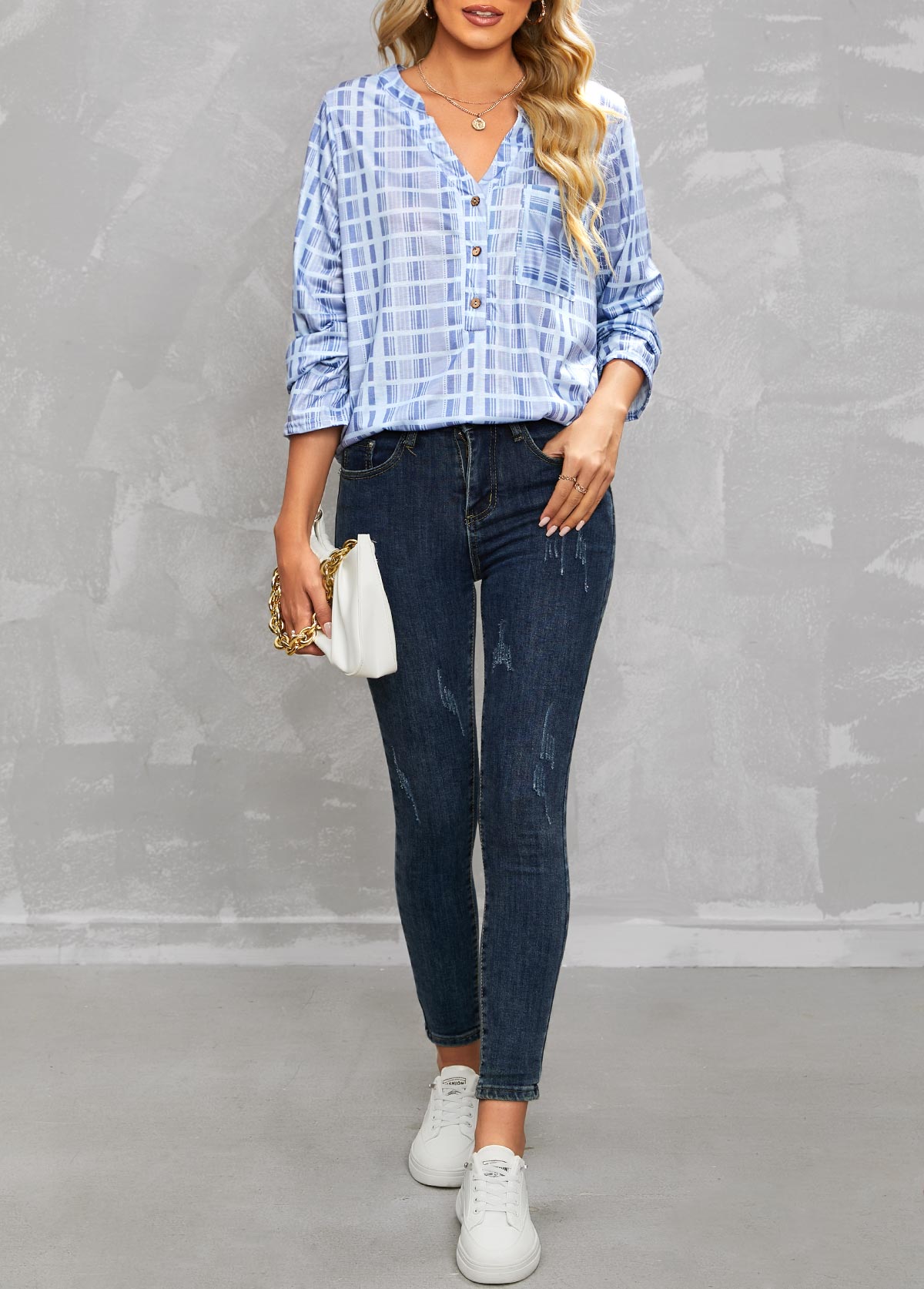 Dusty Blue tops,Plaid tops,Geometric tops,Striped tops,Pocket Plaid Dusty Blue Split Neck Blouse