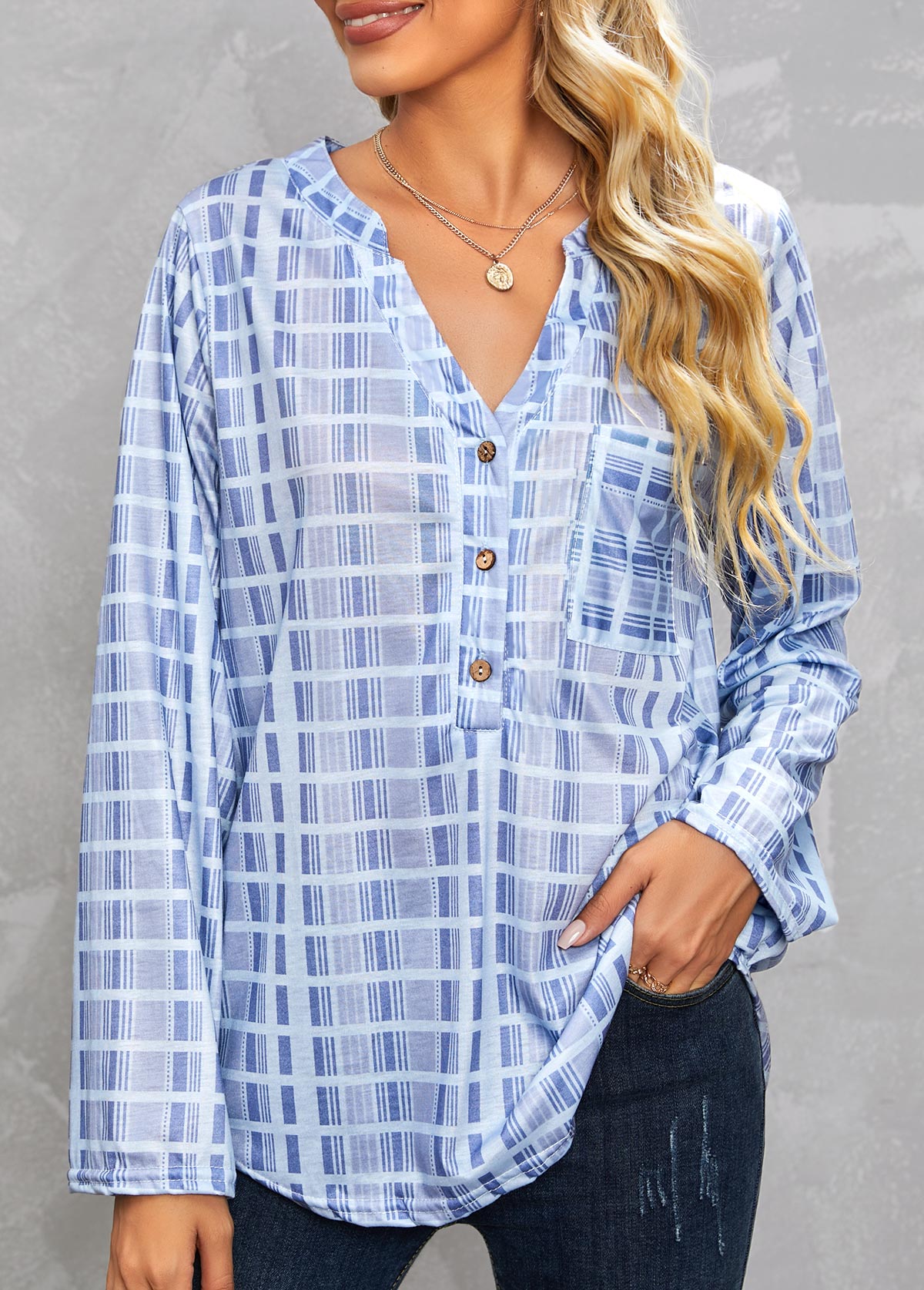 Dusty Blue tops,Plaid tops,Geometric tops,Striped tops,Pocket Plaid Dusty Blue Split Neck Blouse