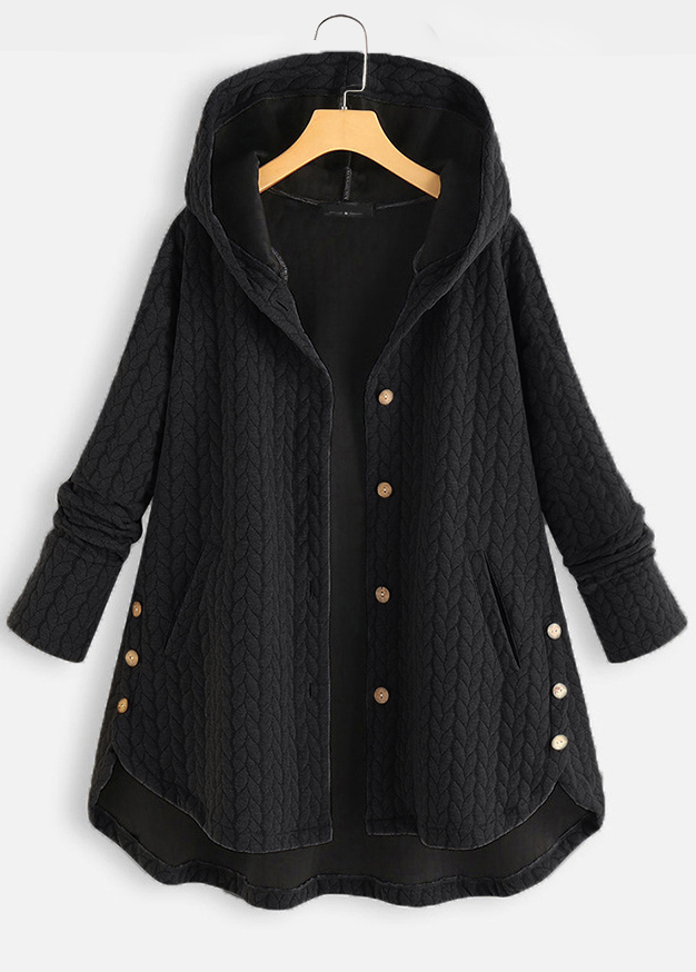 Pocket Black Hooded Long Sleeve Coat