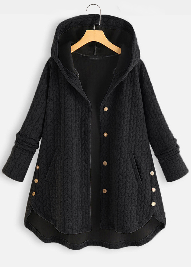 Black outerwear & coats,Plain Color outerwear & coats,Pocket Black Hooded Long Sleeve Coat