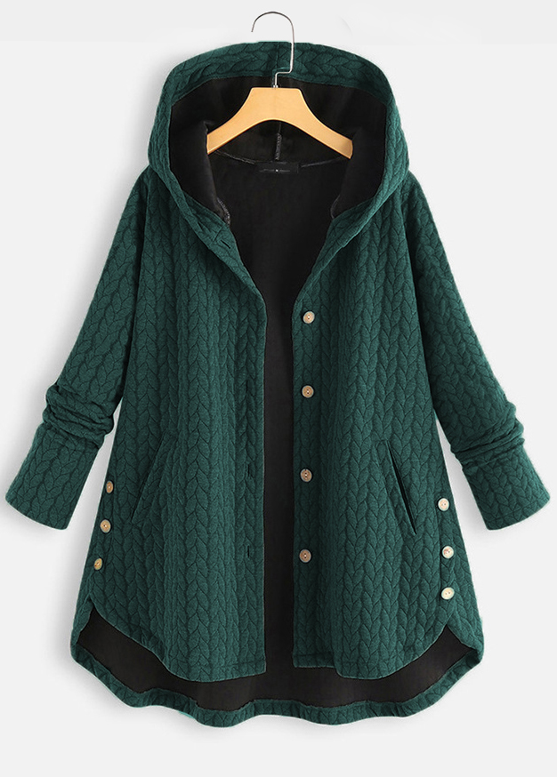 Blackish Green outerwear & coats,Plain Color outerwear & coats,Blackish Green Pocket Hooded Long Sleeve Coat