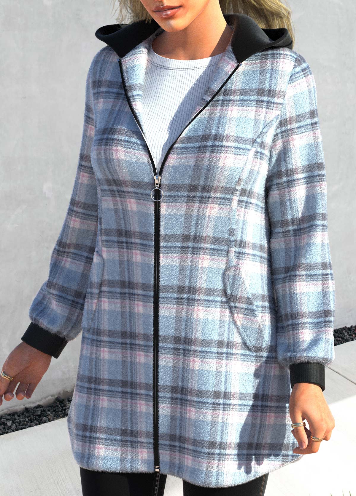 Light Blue plus size,Plaid plus size,ROTITA Plus Size Zipper Plaid Light Blue Hooded Long Sleeve Jacket