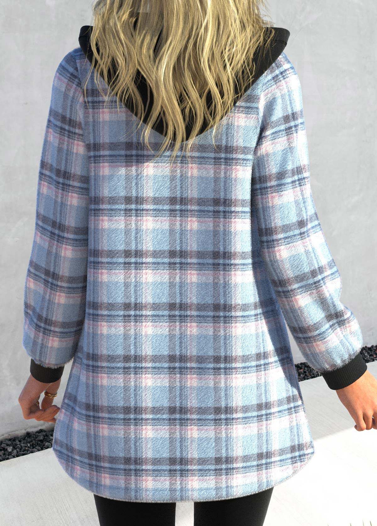 Light Blue plus size,Plaid plus size,ROTITA Plus Size Zipper Plaid Light Blue Hooded Long Sleeve Jacket