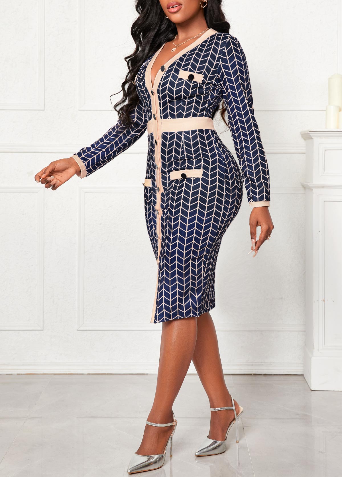 Navy dresses,Plaid dresses,Geometric dresses,Button Long Sleeve Navy V Neck Bodycon Dress