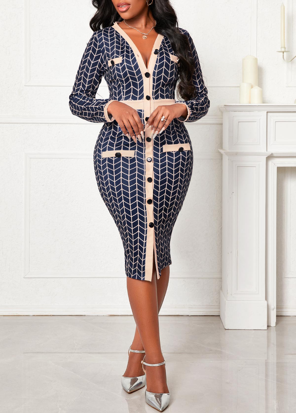 Navy dresses,Plaid dresses,Geometric dresses,Button Long Sleeve Navy V Neck Bodycon Dress
