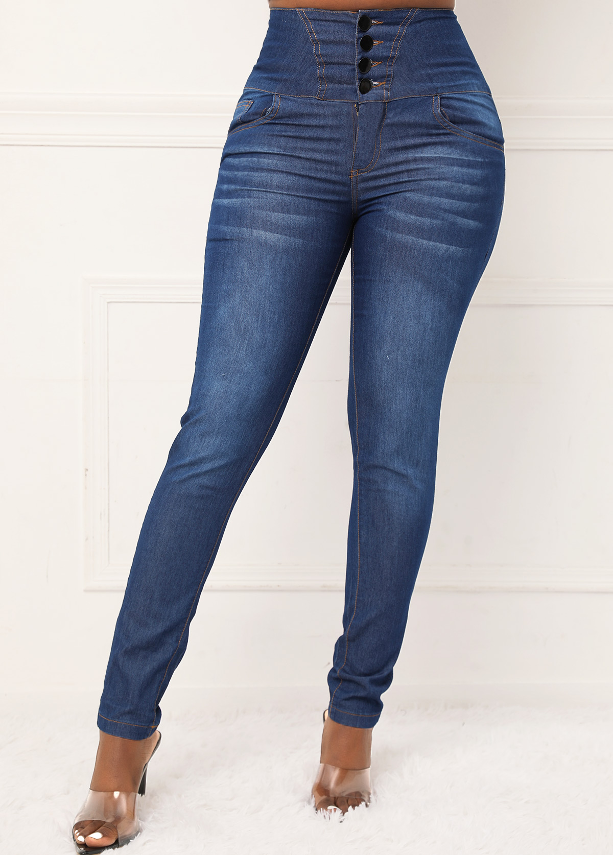 Button Dark Blue Skinny High Waisted Jeans