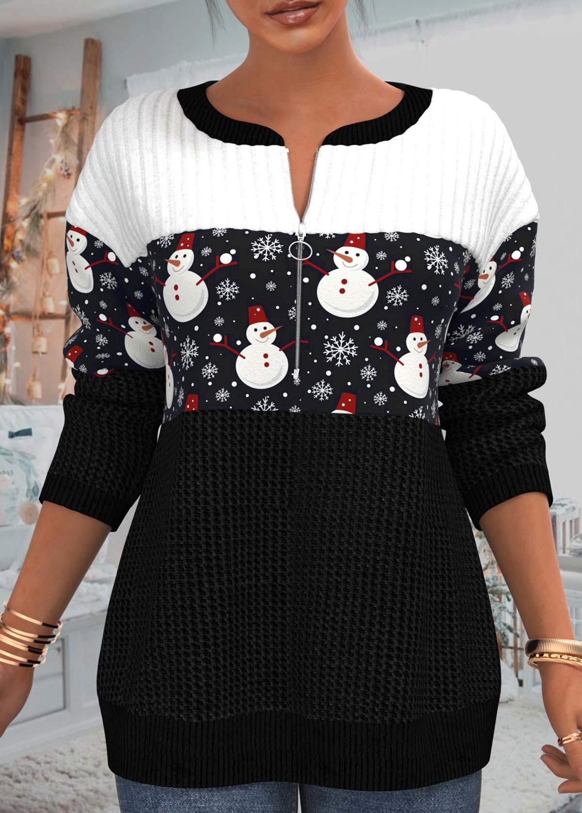Black plus size,Christmas plus size,ROTITA Plus Size Patchwork Snowman Print Black Christmas Round Neck Sweatshirt