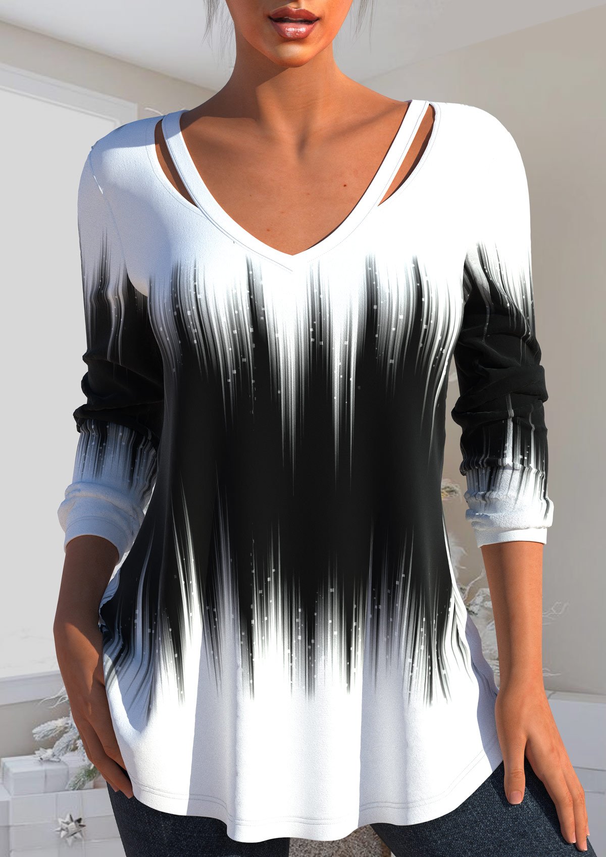 ROTITA Cut Out Ombre Black V Neck T Shirt