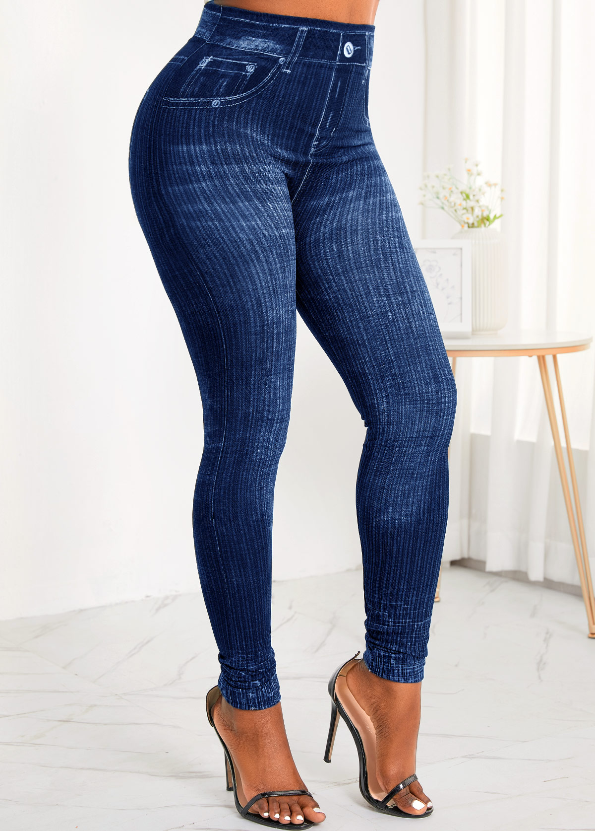 Blue bottoms,Plain Color bottoms,Pocket Zipper Fly Blue High Waisted Jeans