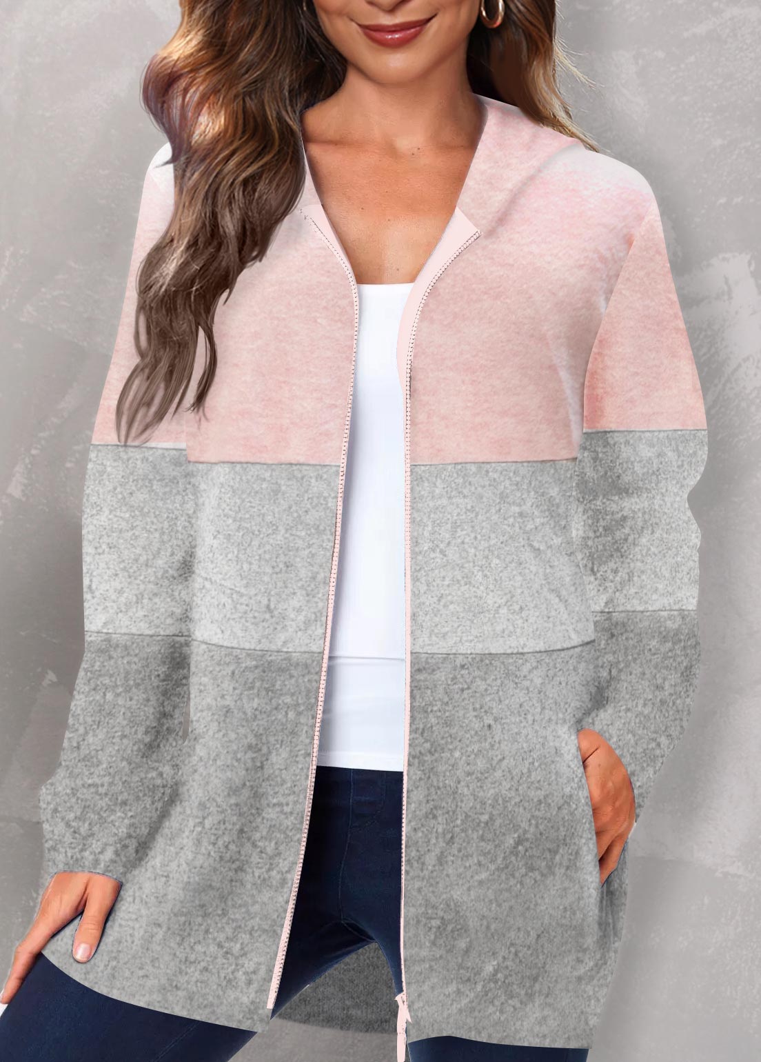 ROTITA Patchwork Pink Hooded Long Sleeve Coat