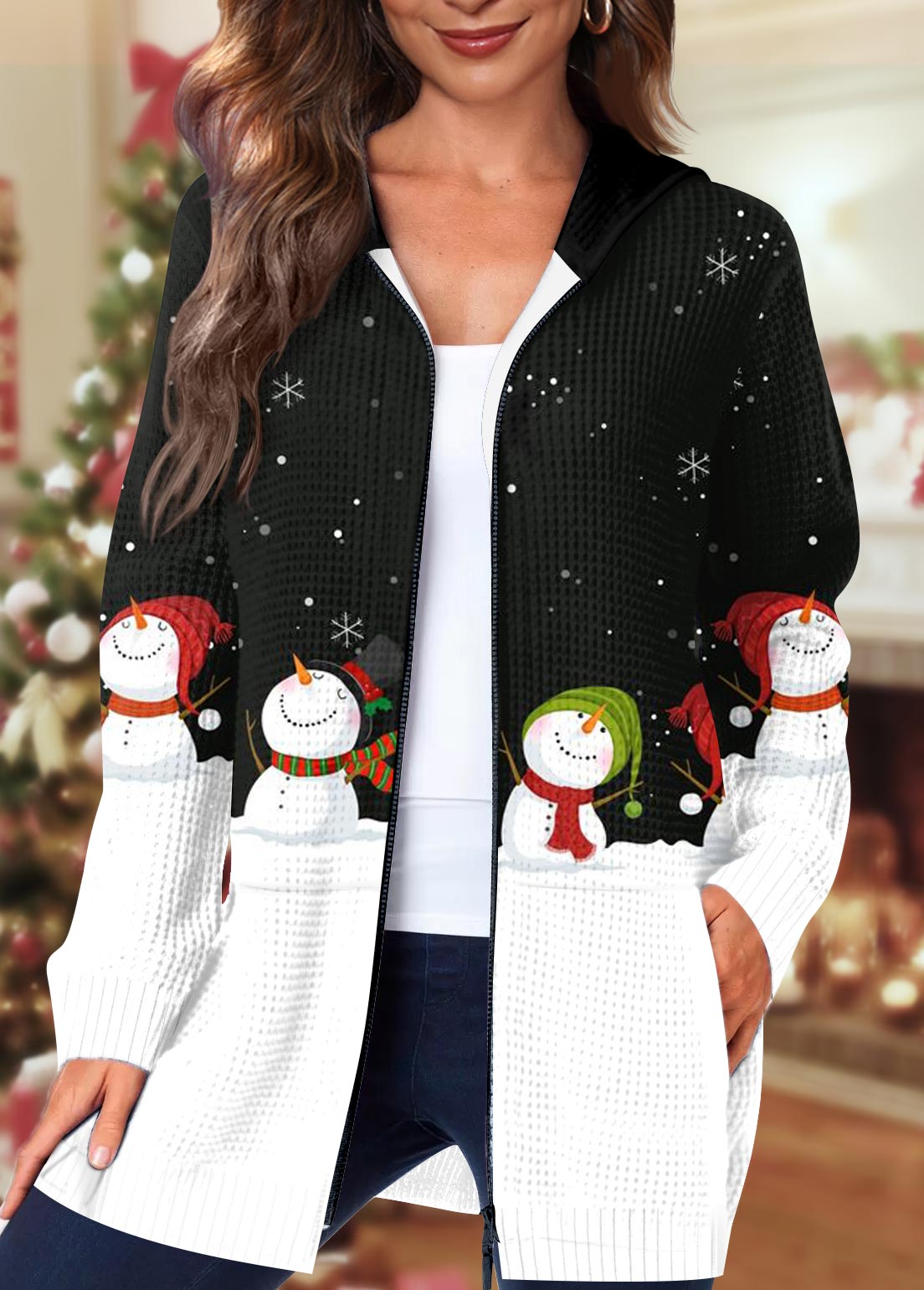 ROTITA Pocket Christmas Snowman Print Black Hooded Long Sleeve Coat