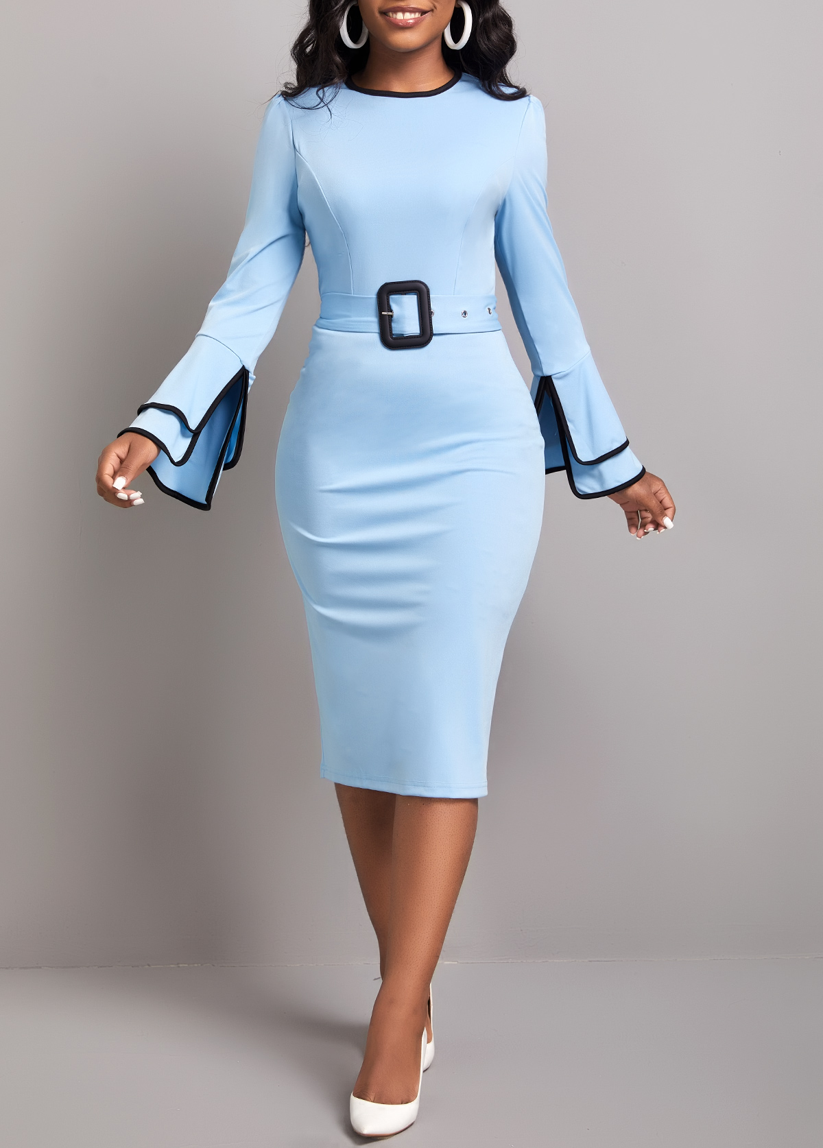 Belted Light Blue Contrast Binding Bodycon Dress