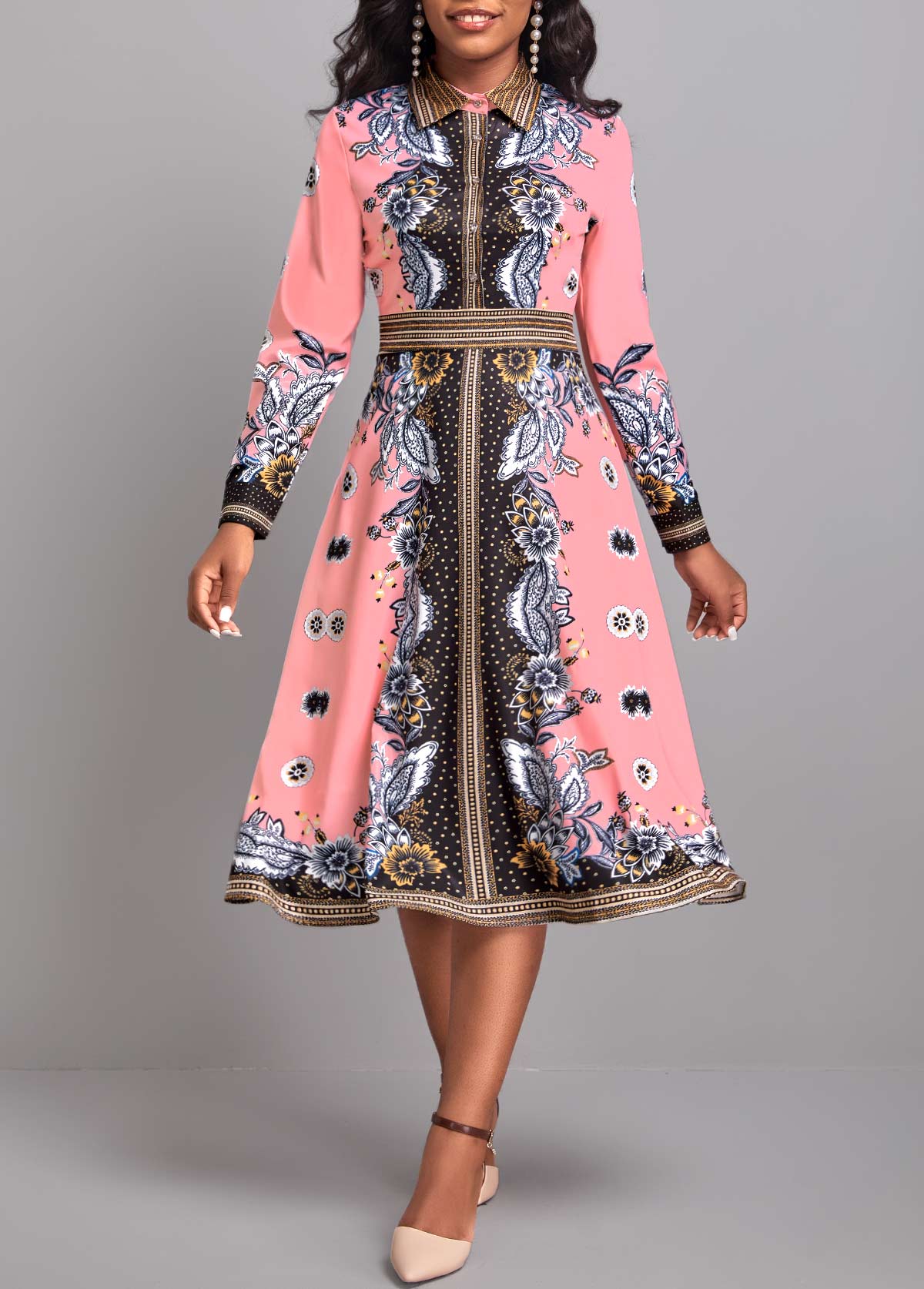 ROTITA Umbrella Hem Floral Print Pink Shirt Collar Dress