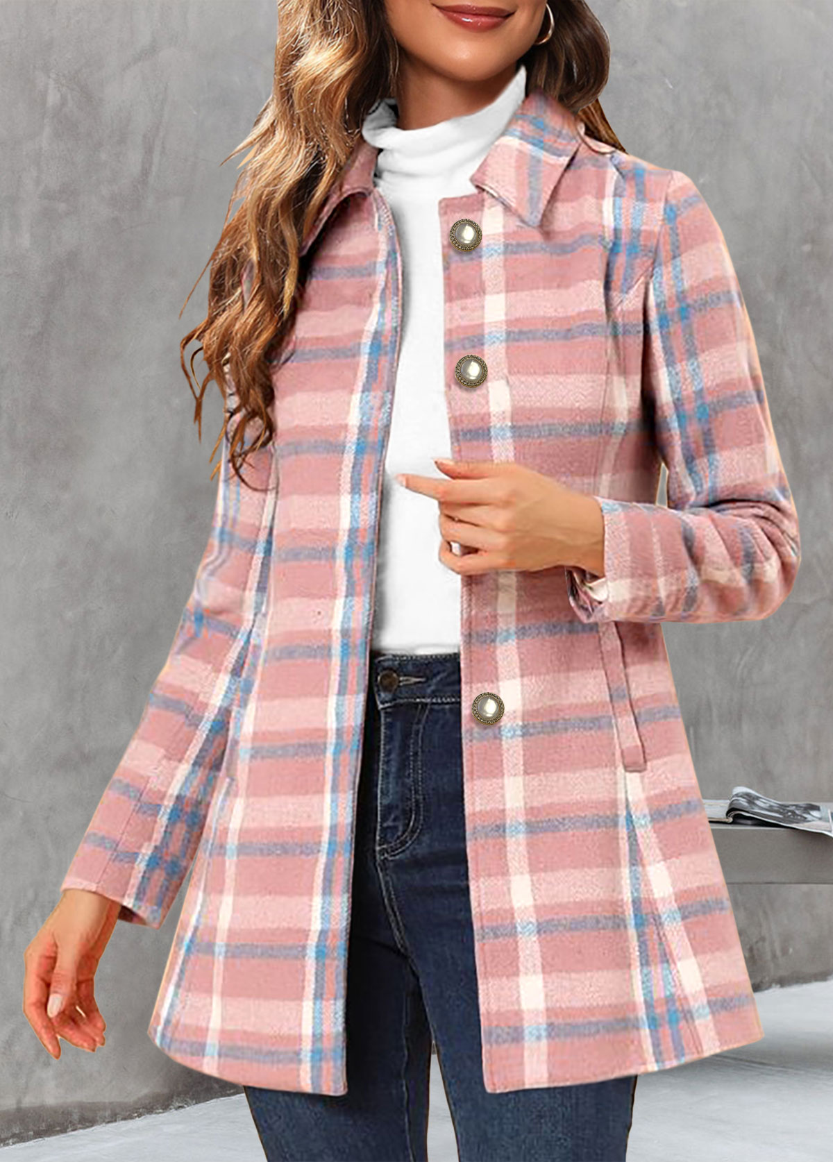 ROTITA Pocket Plaid Pink Shirt Collar Long Sleeve Coat