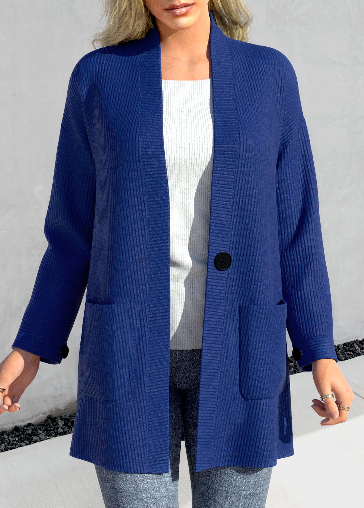 Dark Blue plus size,Plain Color plus size,ROTITA Plus Size Pocket Dark Blue Long Sleeve Coat