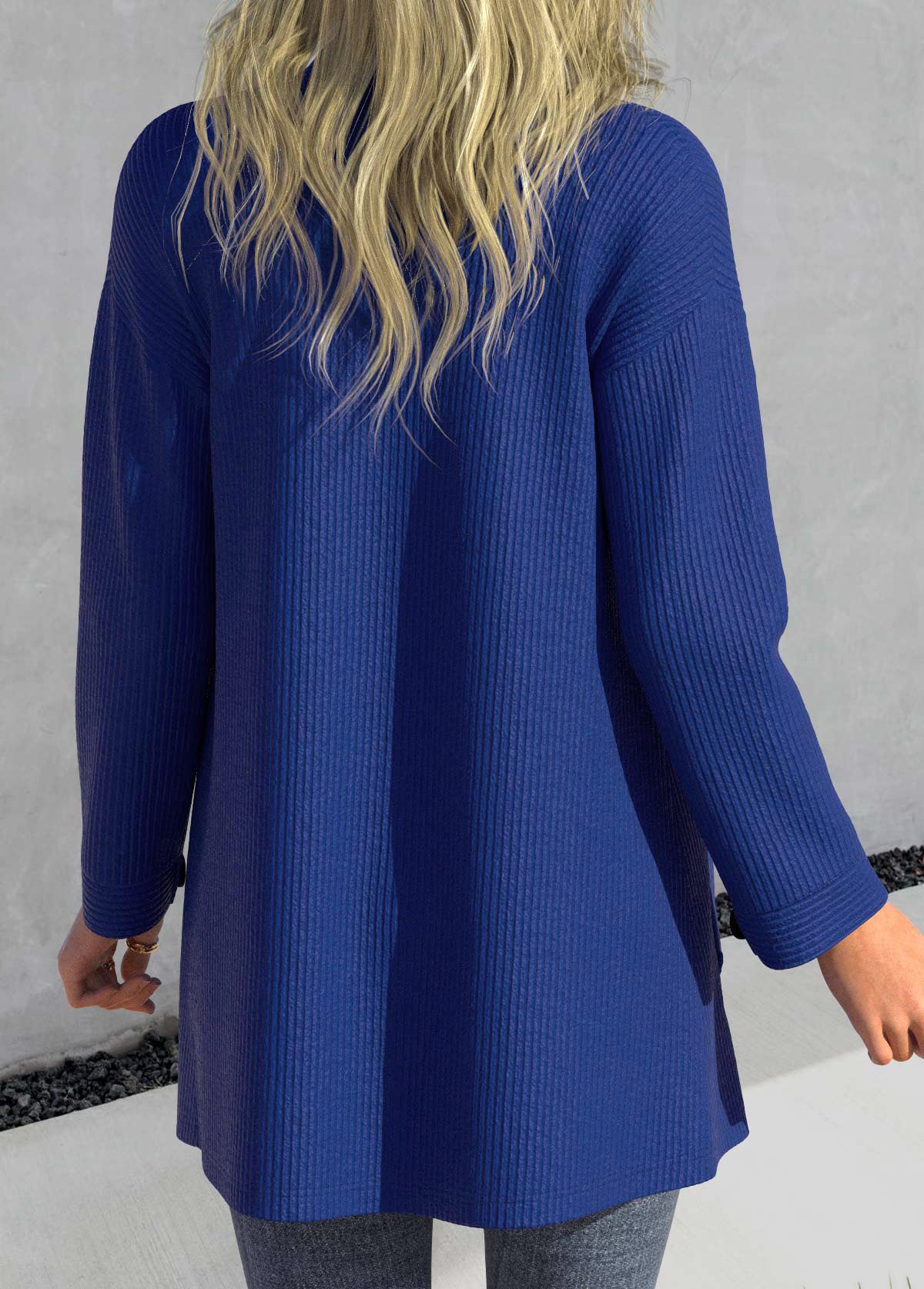 Dark Blue plus size,Plain Color plus size,ROTITA Plus Size Pocket Dark Blue Long Sleeve Coat