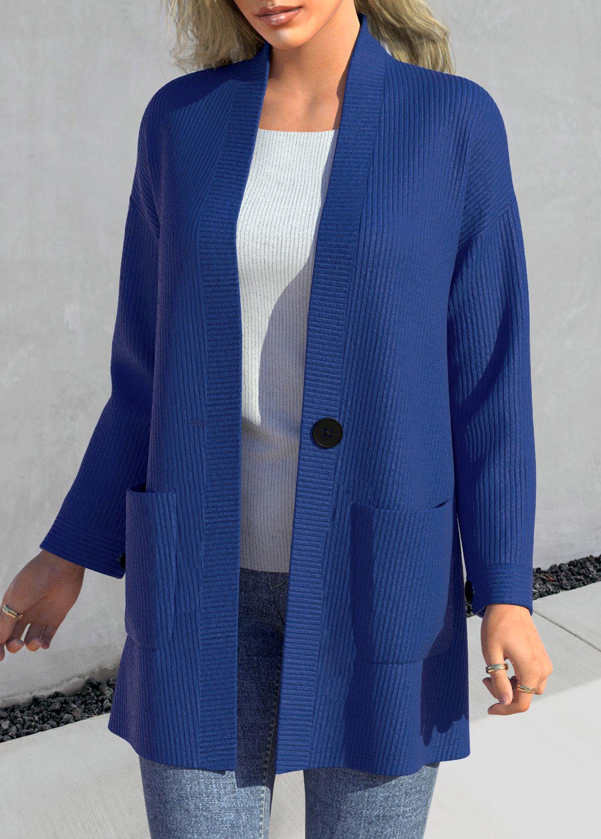 Dark Blue plus size,Plain Color plus size,ROTITA Plus Size Pocket Dark Blue Long Sleeve Coat