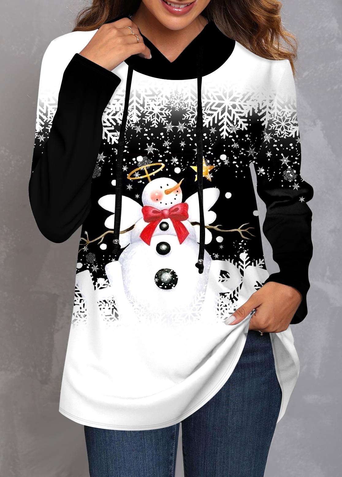 ROTITA Plus Size Christmas Snowman Print Black Long Sleeve Hoodie